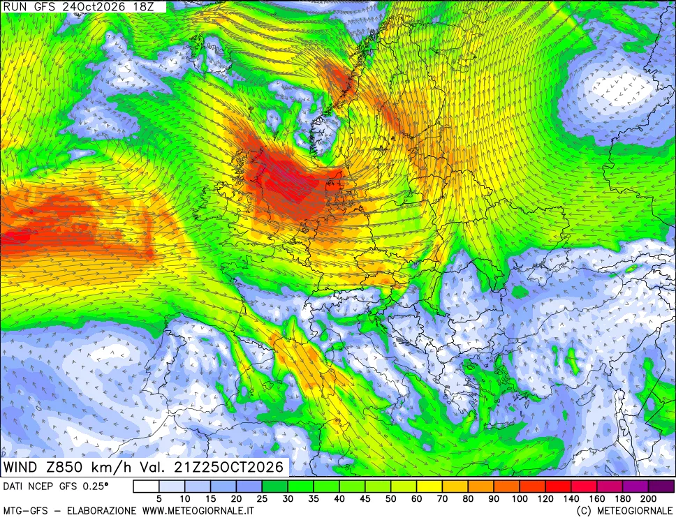 mappa 850 hPa Vento forza e direzione
