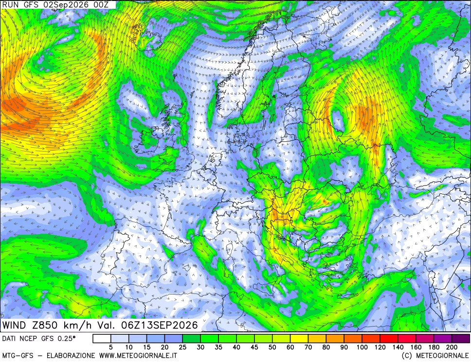 mappa 850 hPa Vento forza e direzione