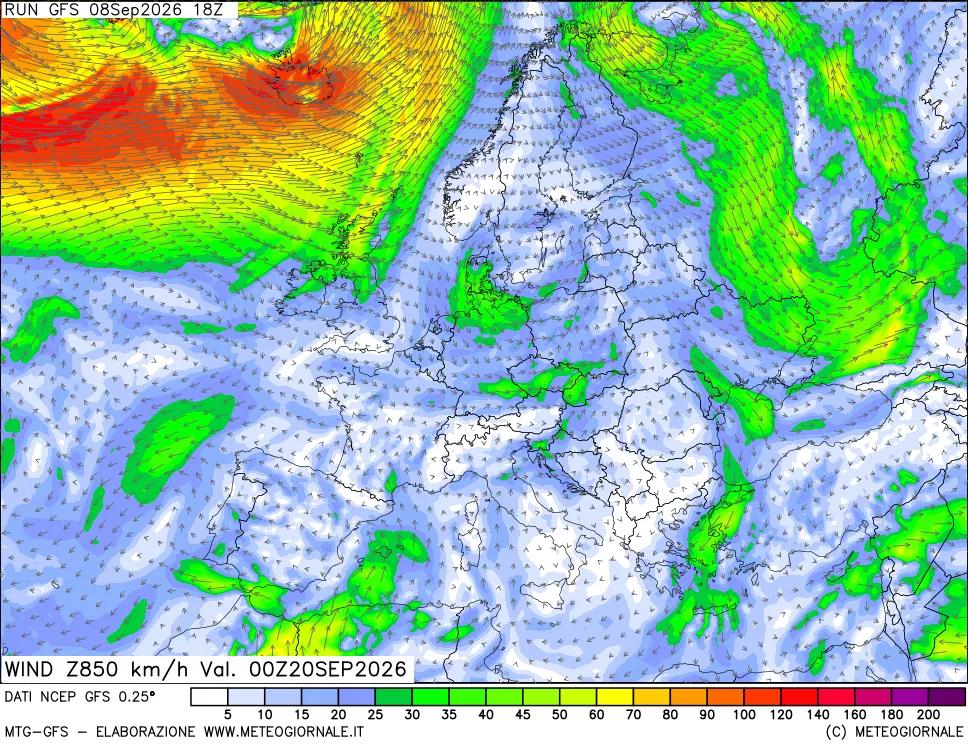 mappa 850 hPa Vento forza e direzione