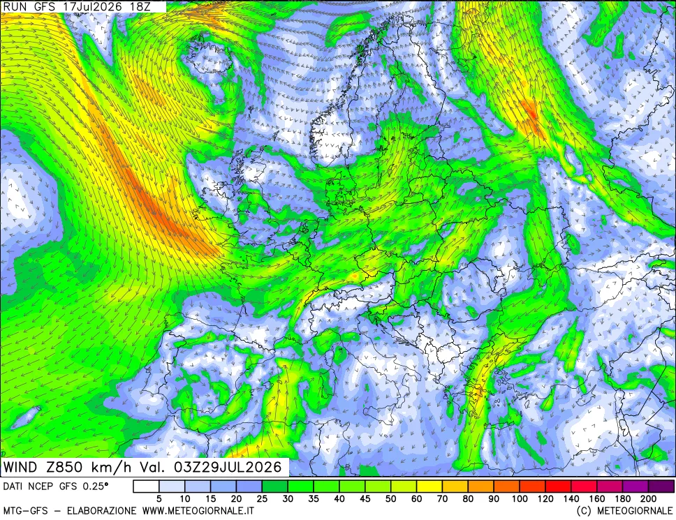 mappa 850 hPa Vento forza e direzione