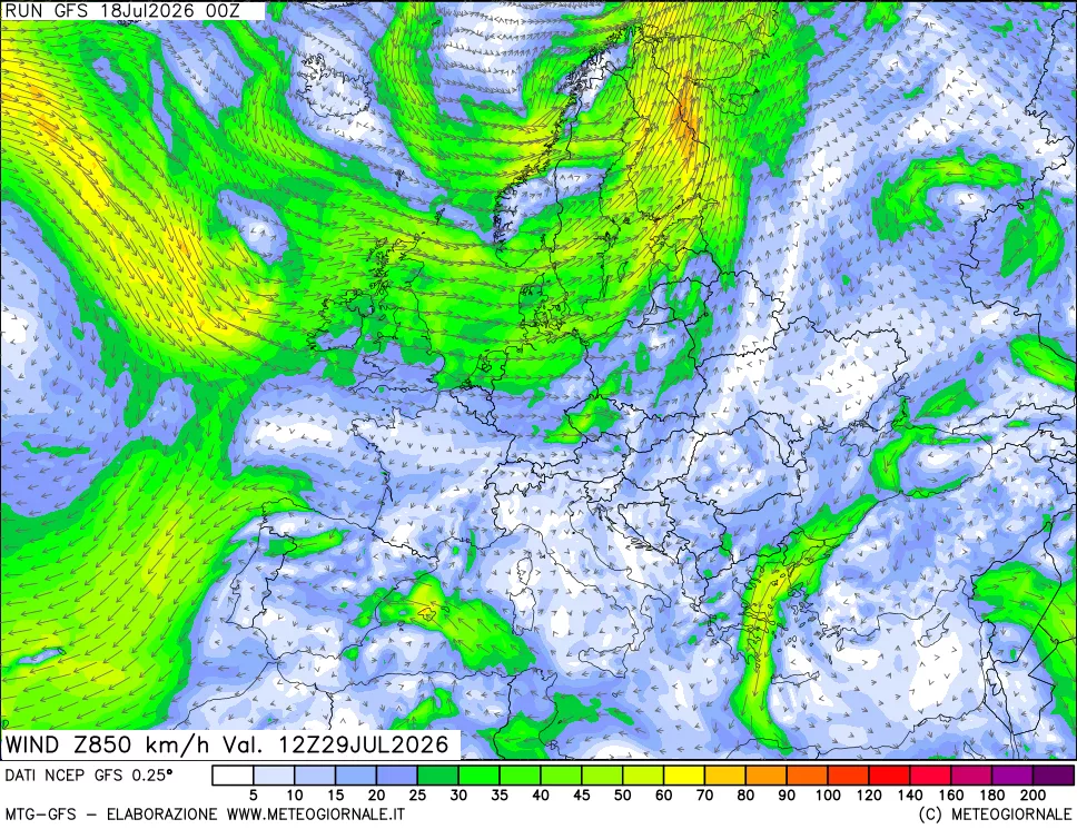 mappa 850 hPa Vento forza e direzione