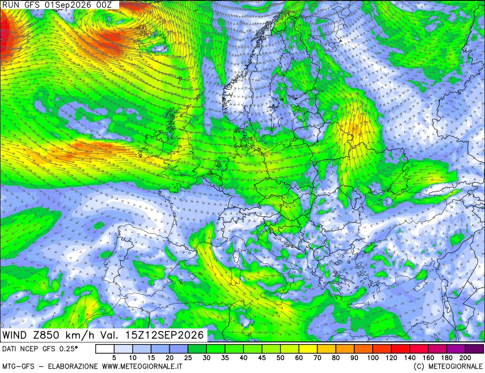mappa 850 hPa Vento forza e direzione