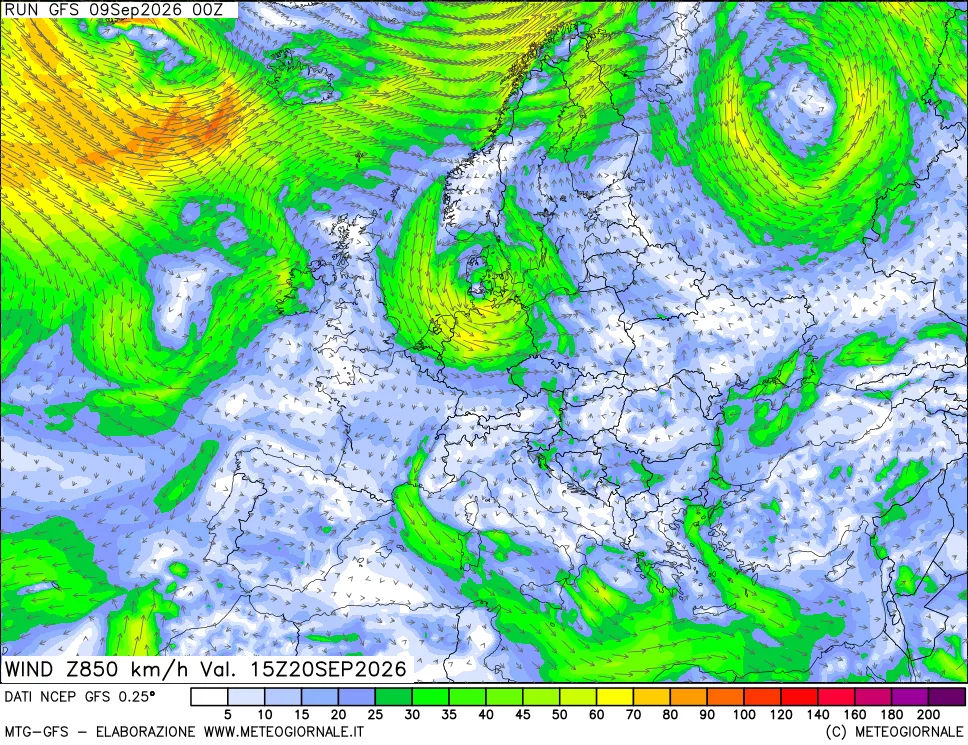 mappa 850 hPa Vento forza e direzione