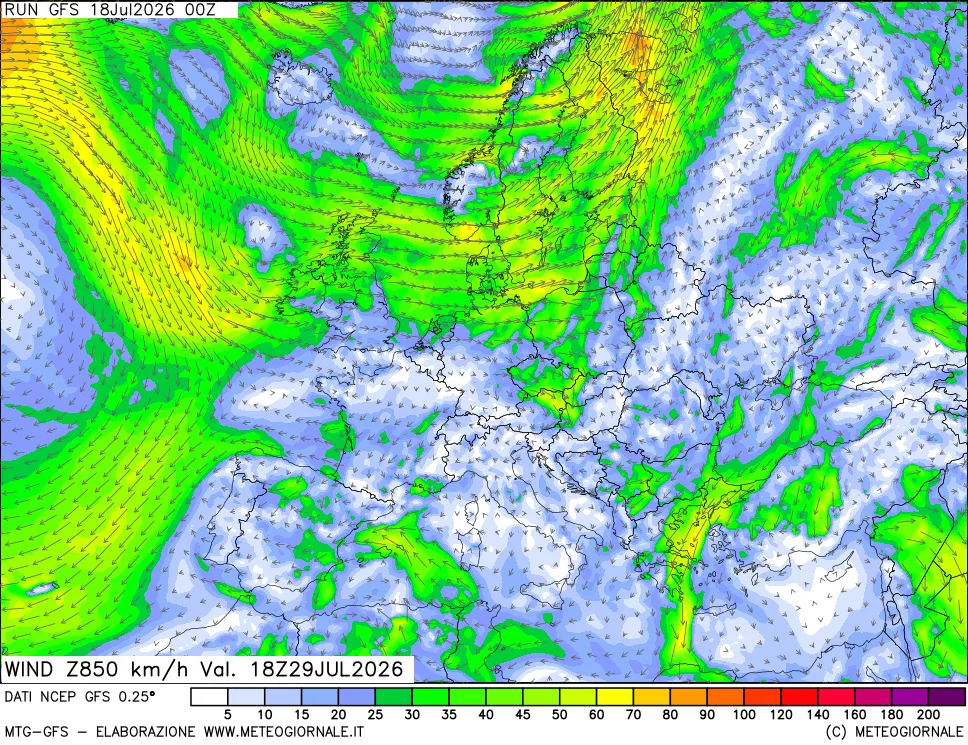mappa 850 hPa Vento forza e direzione