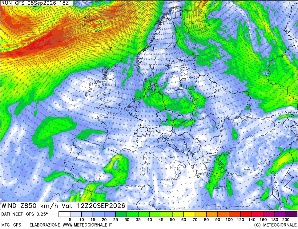 mappa 850 hPa Vento forza e direzione