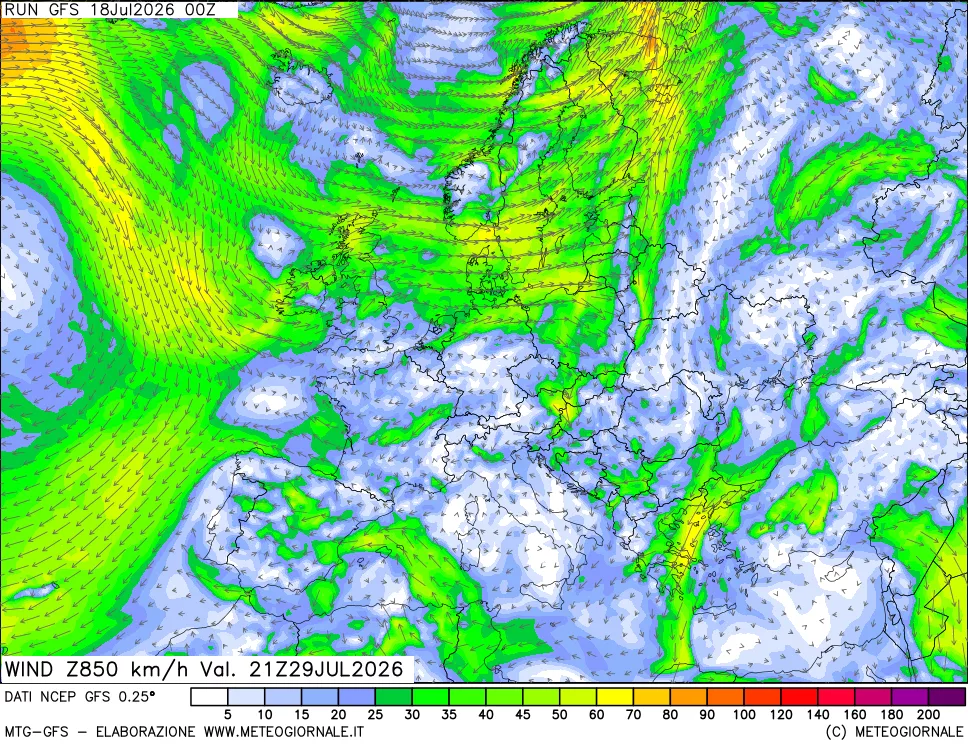 mappa 850 hPa Vento forza e direzione