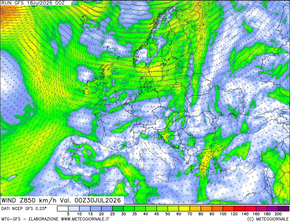 mappa 850 hPa Vento forza e direzione