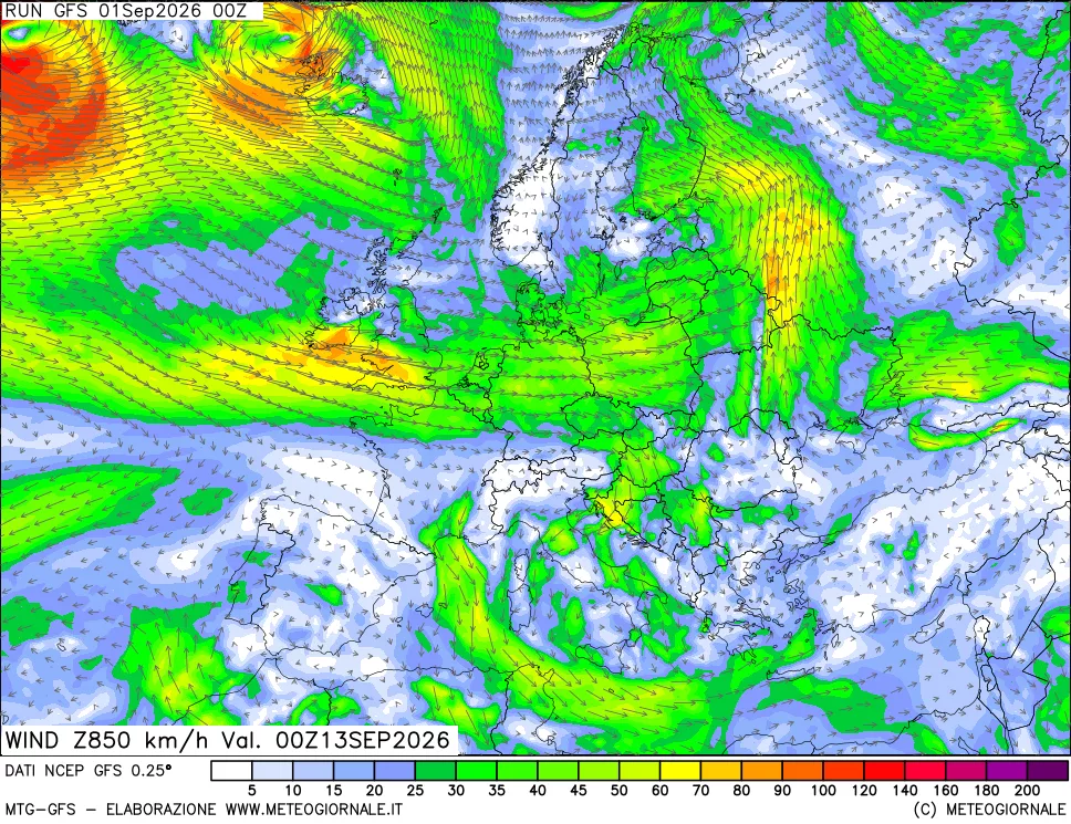 mappa 850 hPa Vento forza e direzione