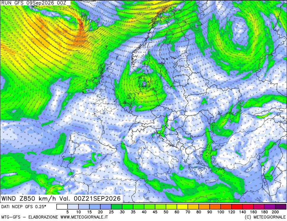 mappa 850 hPa Vento forza e direzione