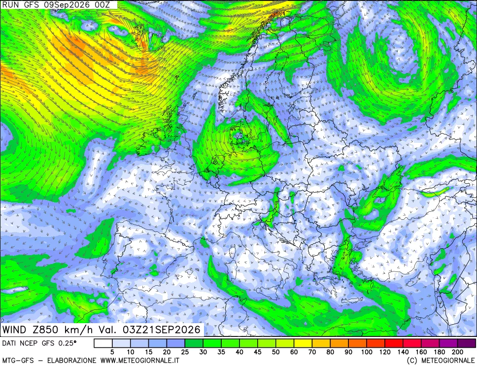mappa 850 hPa Vento forza e direzione