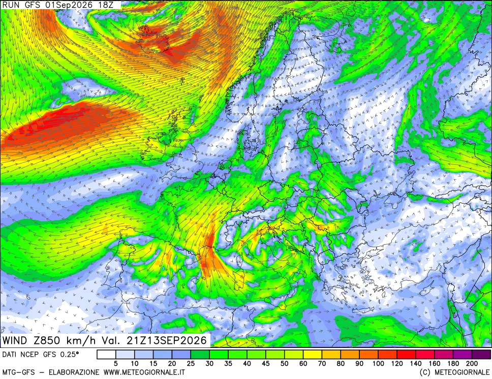 mappa 850 hPa Vento forza e direzione