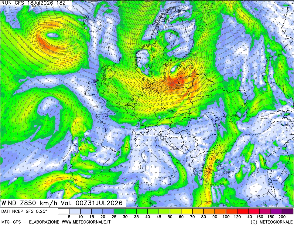 mappa 850 hPa Vento forza e direzione
