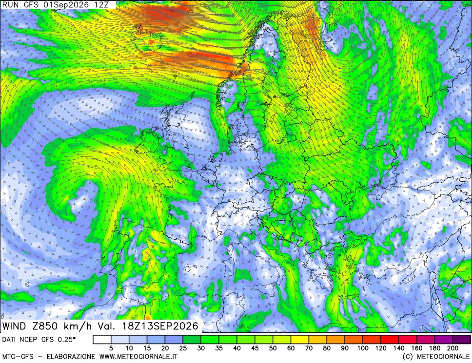mappa 850 hPa Vento forza e direzione