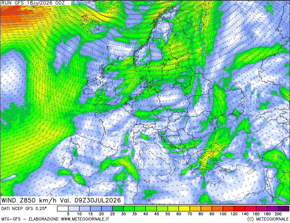 mappa 850 hPa Vento forza e direzione