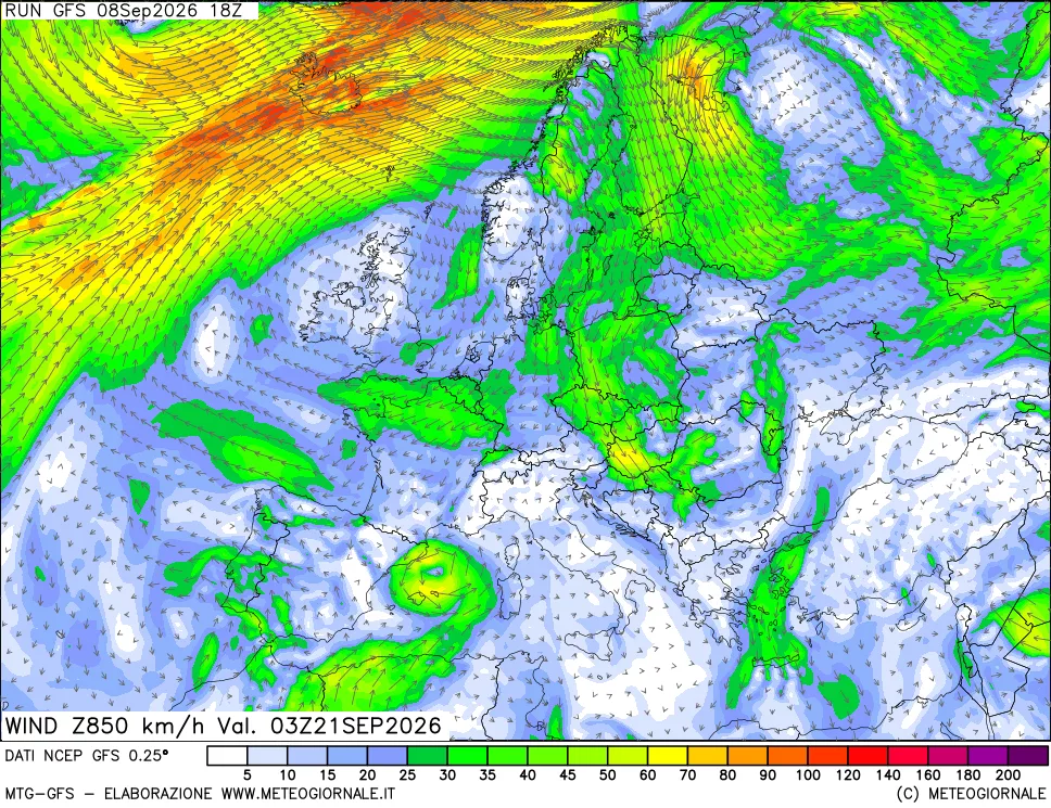 mappa 850 hPa Vento forza e direzione