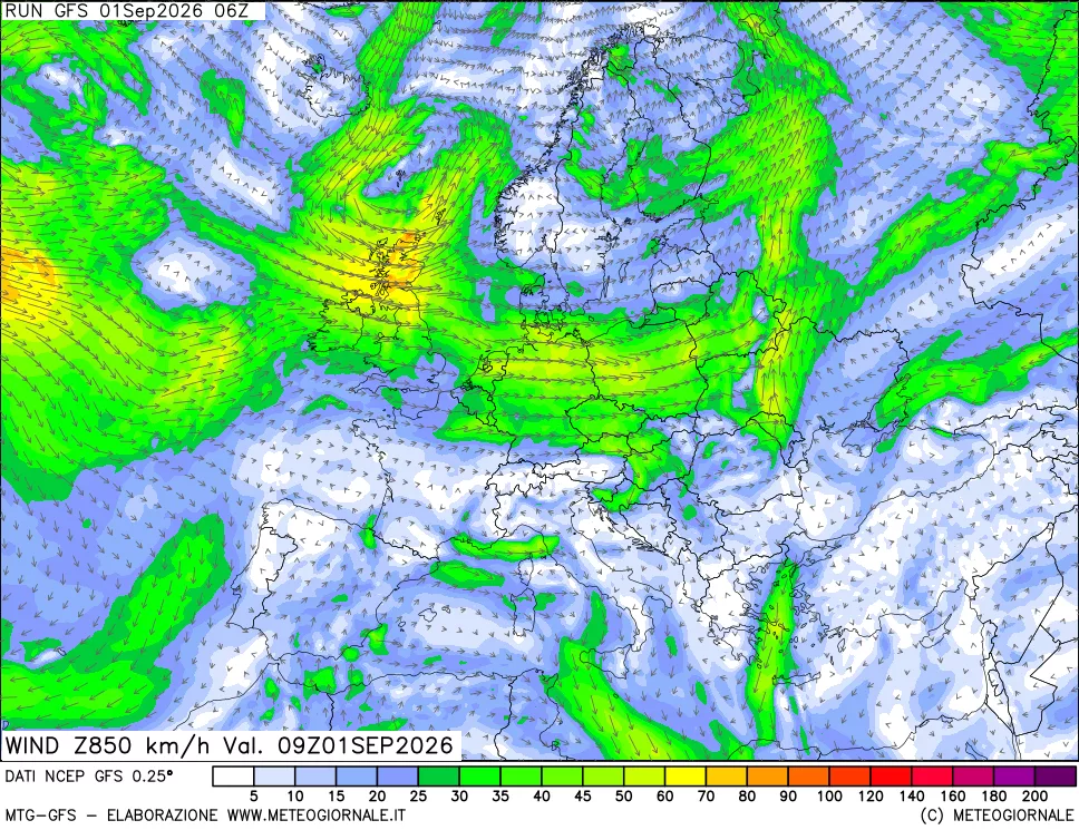 mappa 850 hPa Vento forza e direzione