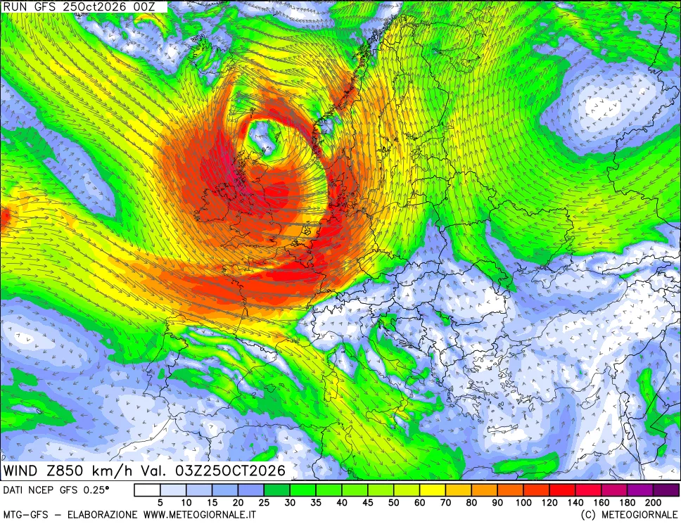 mappa 850 hPa Vento forza e direzione