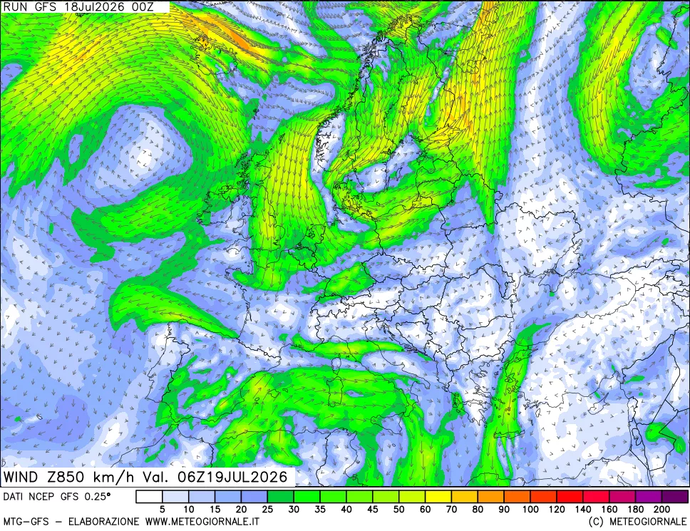 mappa 850 hPa Vento forza e direzione