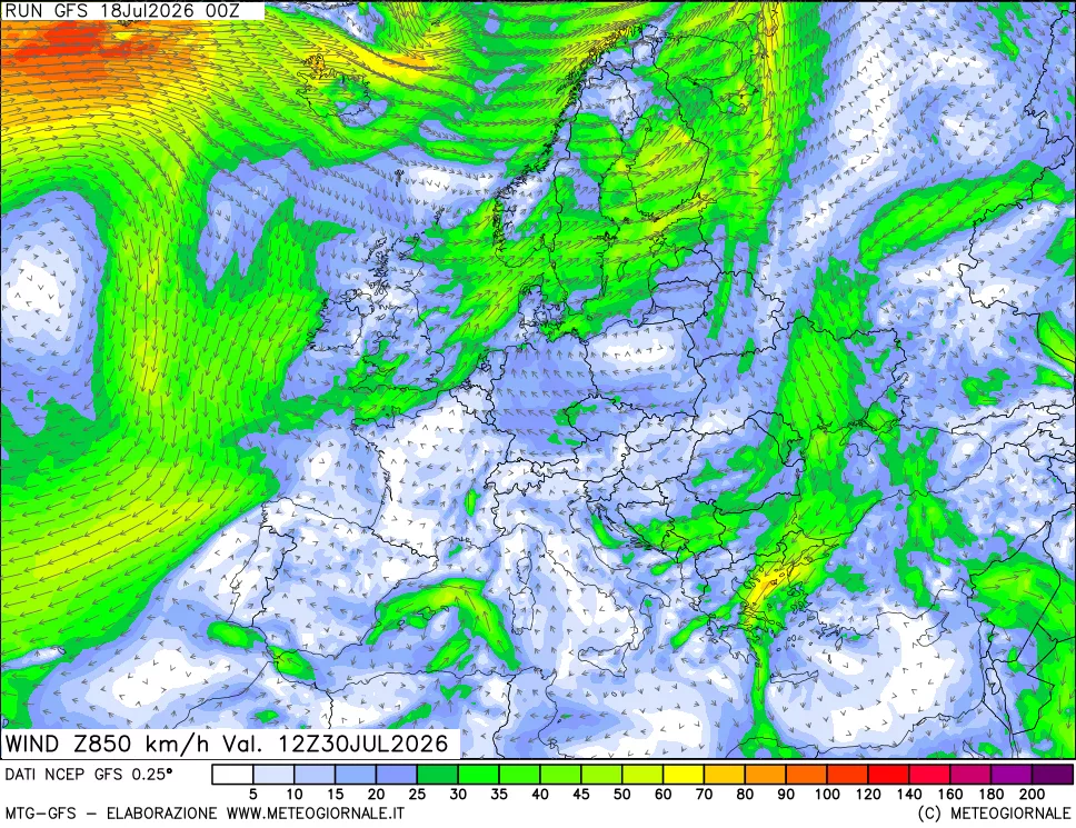 mappa 850 hPa Vento forza e direzione
