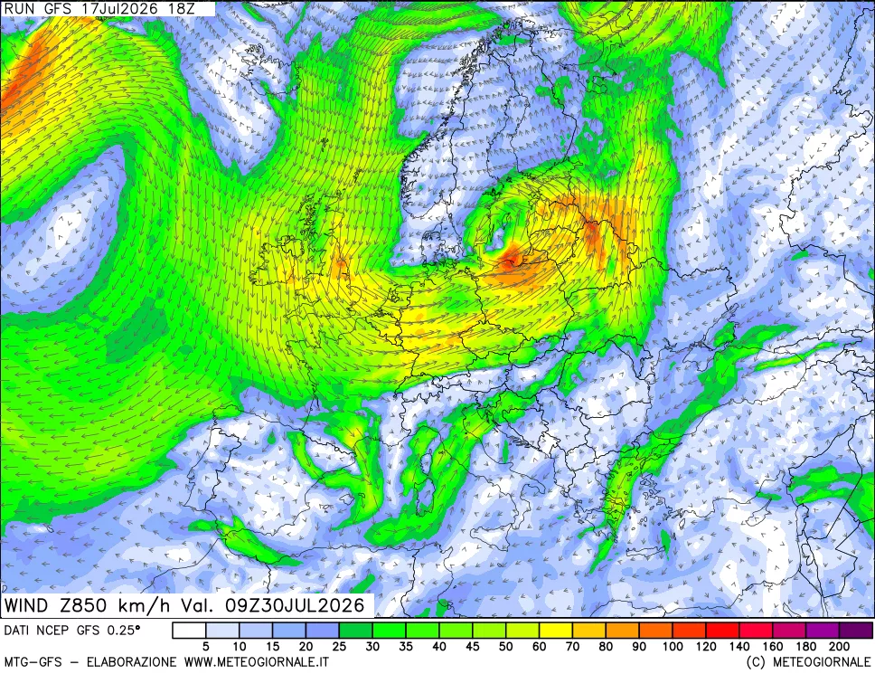 mappa 850 hPa Vento forza e direzione