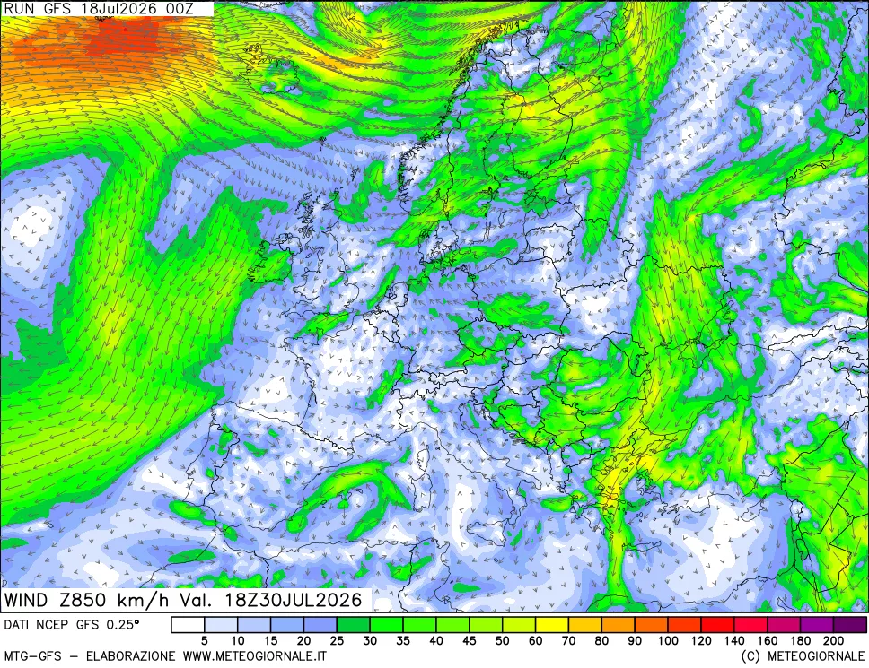 mappa 850 hPa Vento forza e direzione