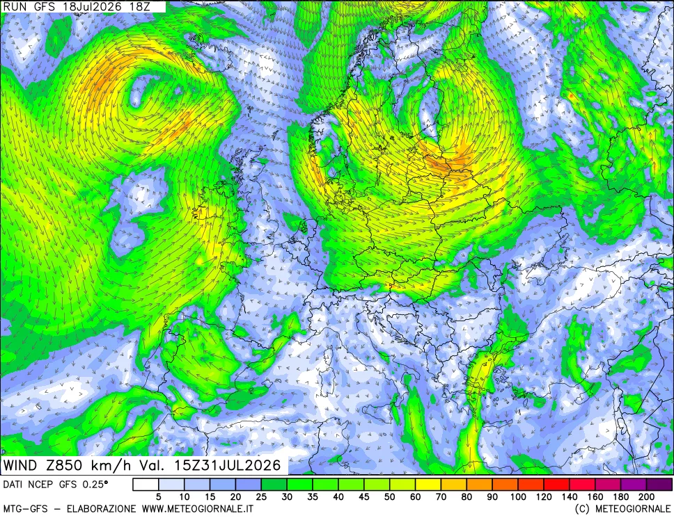 mappa 850 hPa Vento forza e direzione