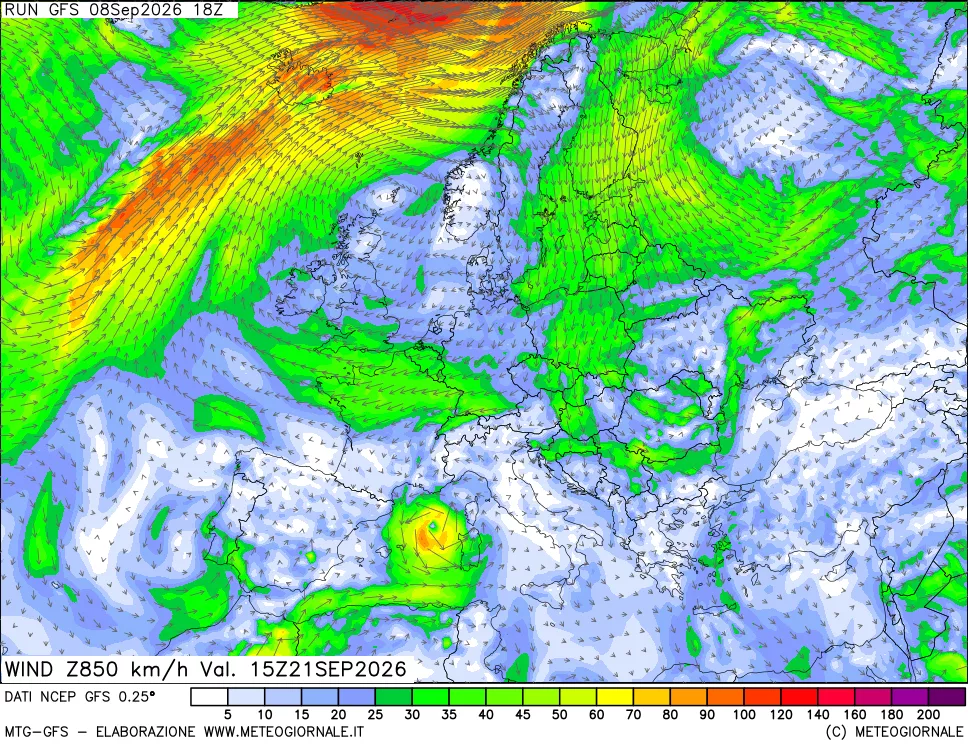 mappa 850 hPa Vento forza e direzione