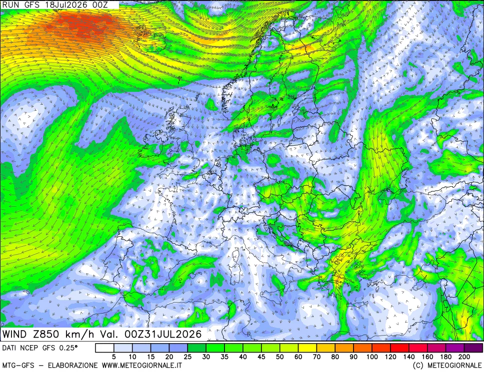 mappa 850 hPa Vento forza e direzione