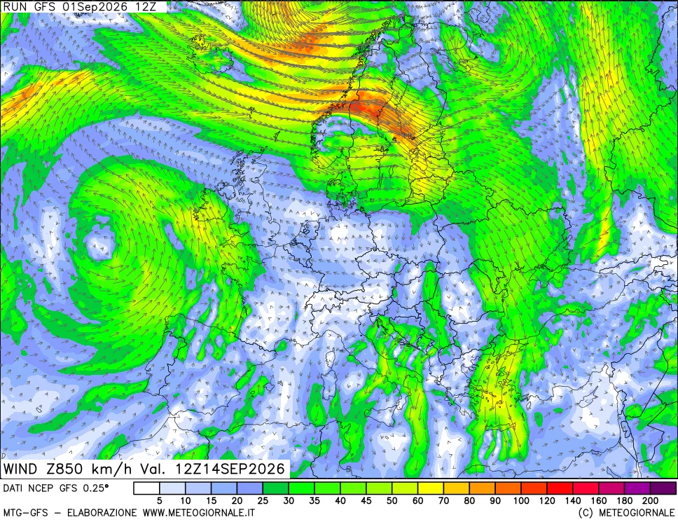 mappa 850 hPa Vento forza e direzione
