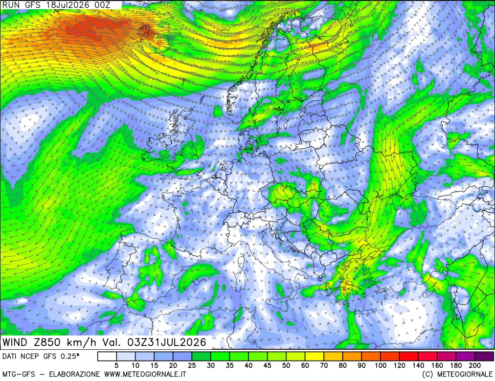 mappa 850 hPa Vento forza e direzione