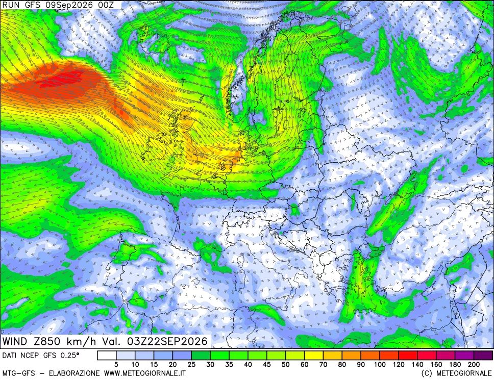 mappa 850 hPa Vento forza e direzione