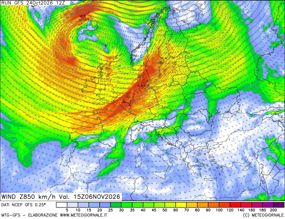 mappa 850 hPa Vento forza e direzione
