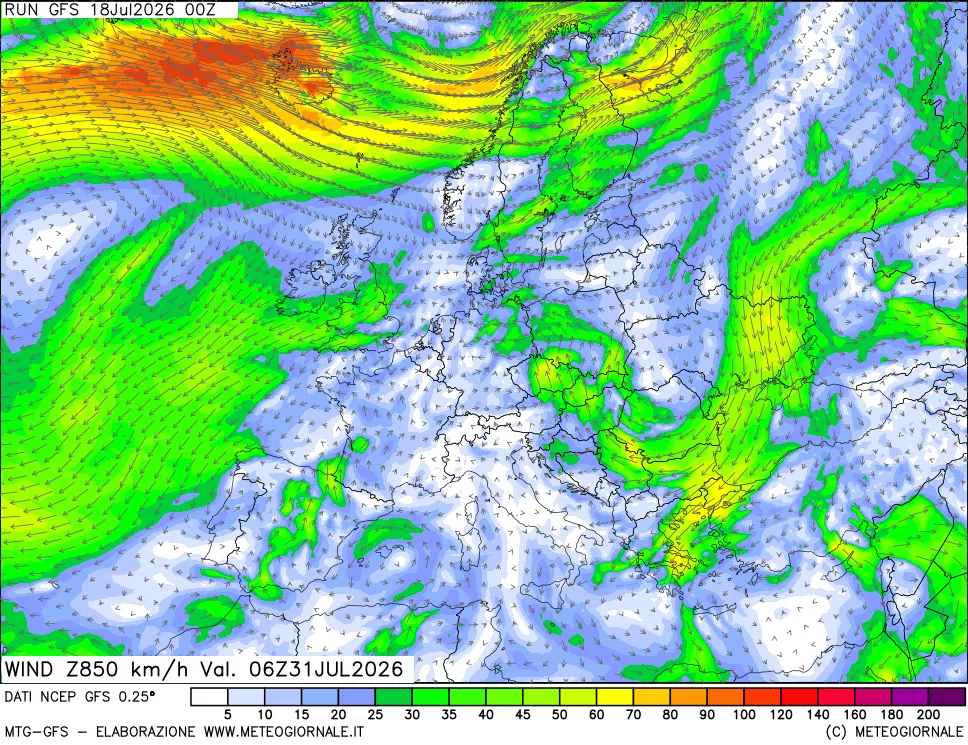 mappa 850 hPa Vento forza e direzione