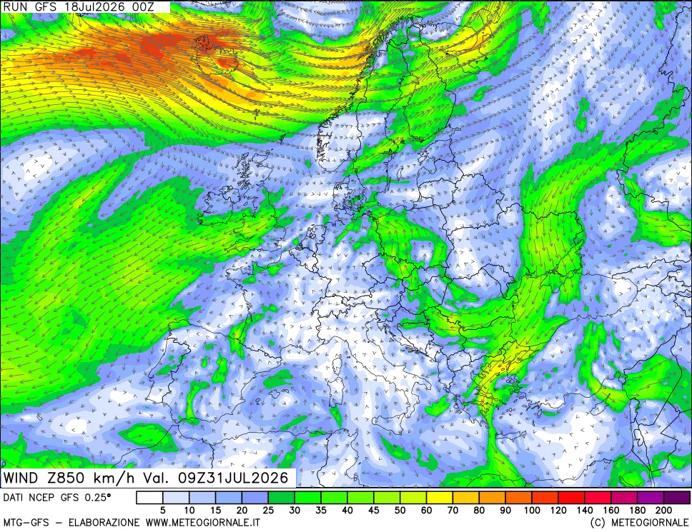 mappa 850 hPa Vento forza e direzione