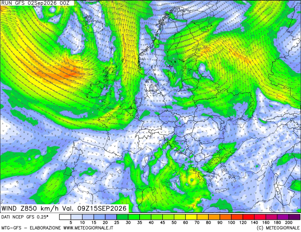 mappa 850 hPa Vento forza e direzione