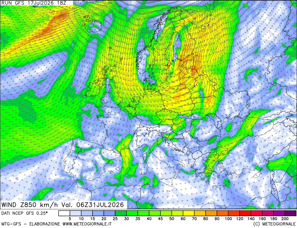 mappa 850 hPa Vento forza e direzione