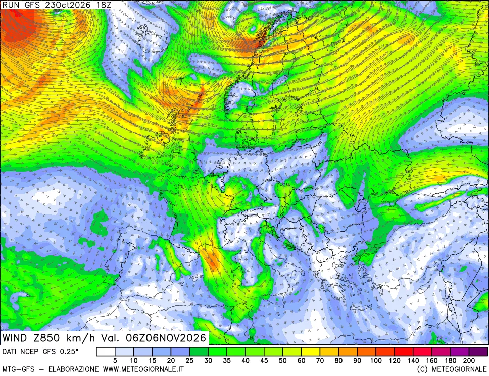 mappa 850 hPa Vento forza e direzione