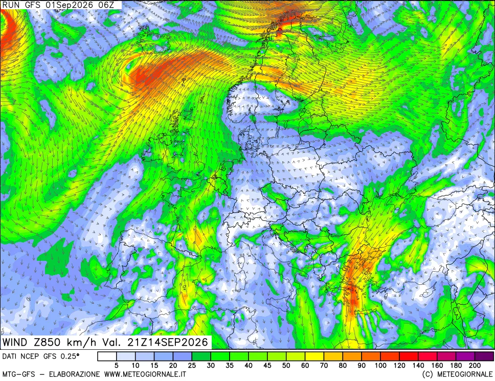 mappa 850 hPa Vento forza e direzione