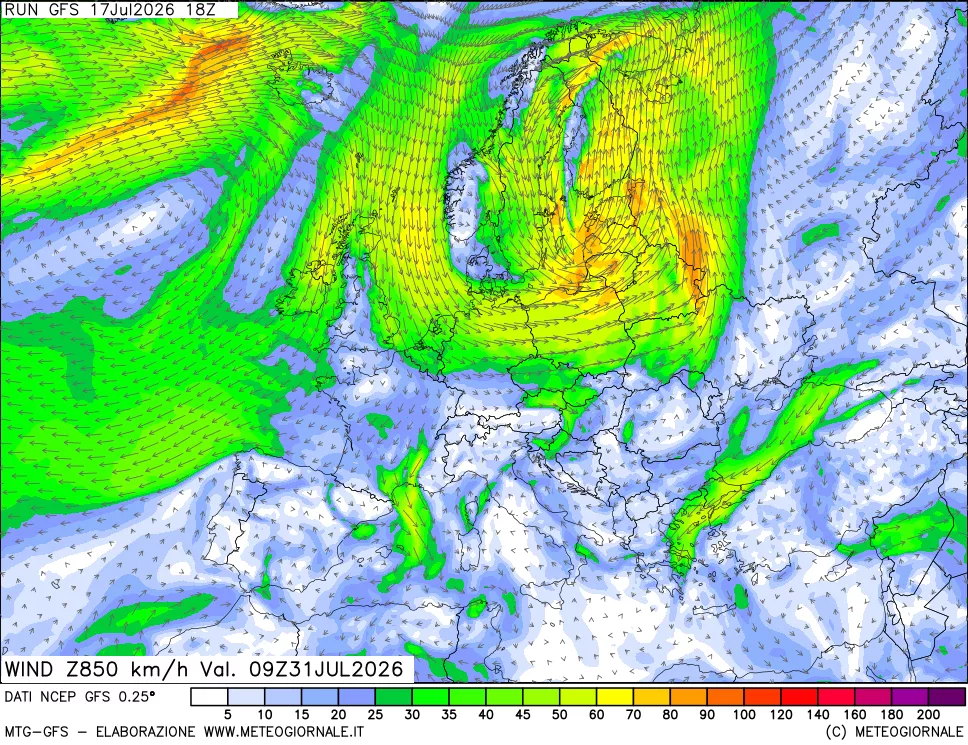 mappa 850 hPa Vento forza e direzione