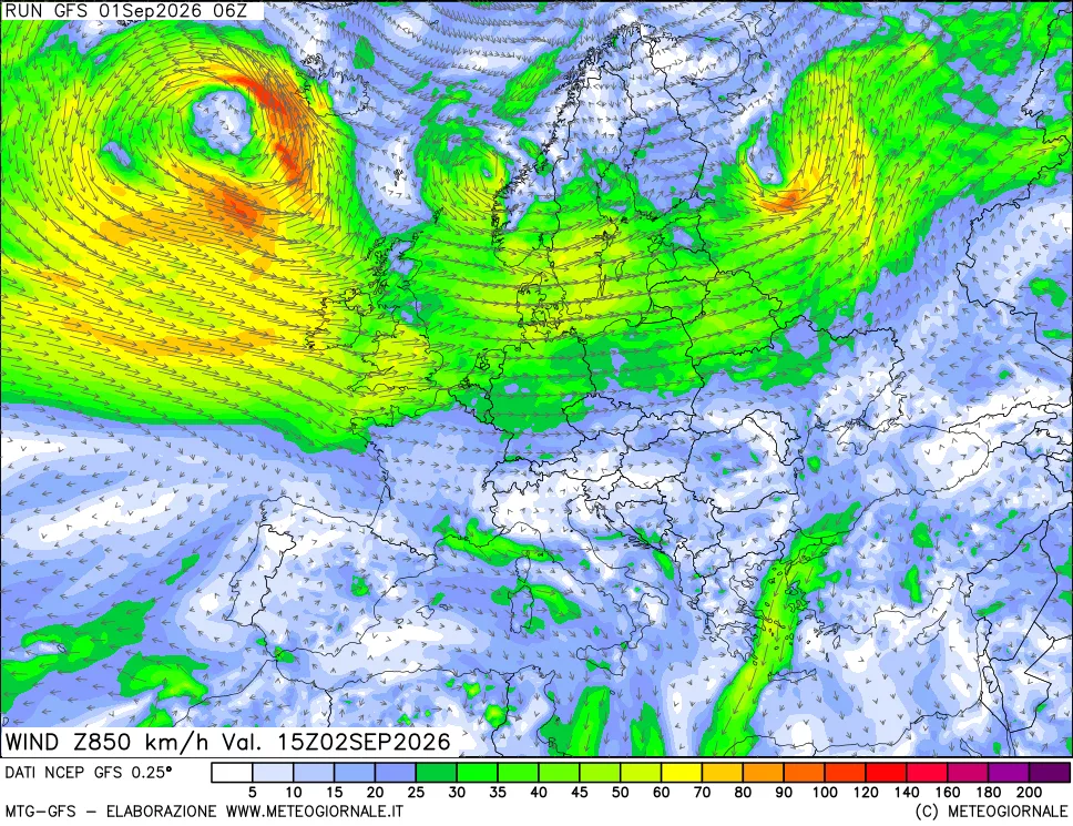 mappa 850 hPa Vento forza e direzione