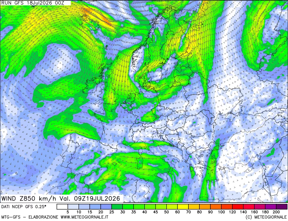mappa 850 hPa Vento forza e direzione