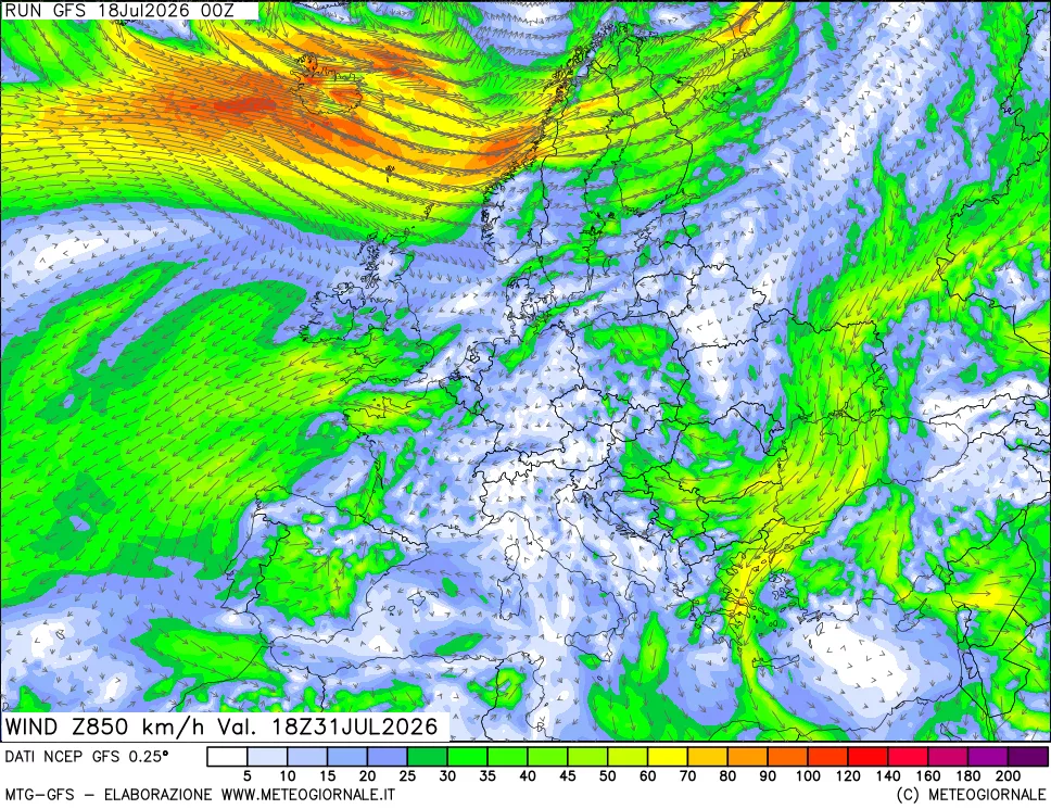 mappa 850 hPa Vento forza e direzione