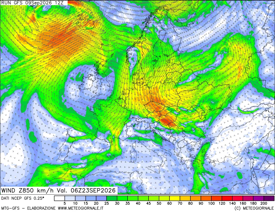 mappa 850 hPa Vento forza e direzione
