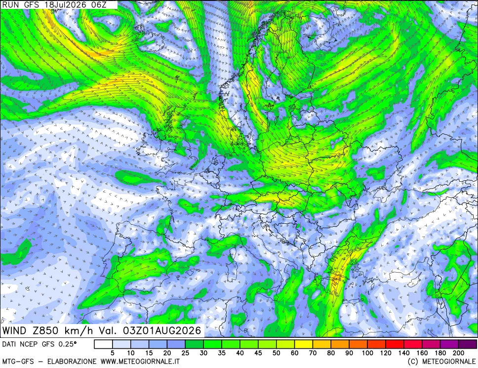 mappa 850 hPa Vento forza e direzione