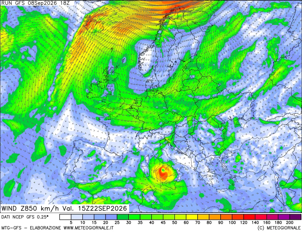 mappa 850 hPa Vento forza e direzione
