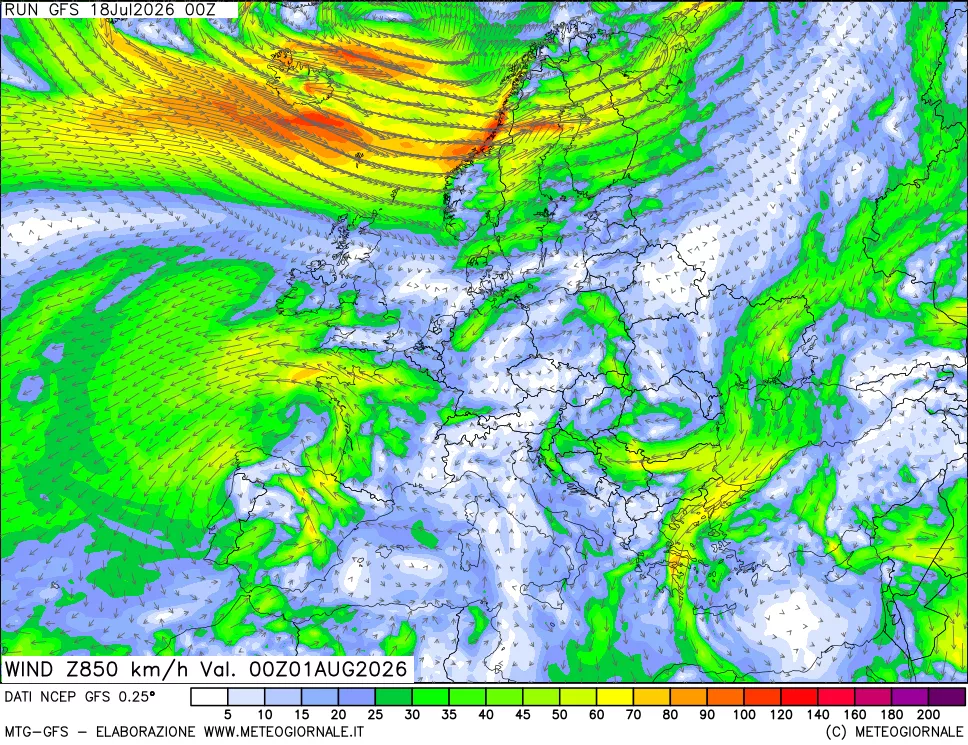 mappa 850 hPa Vento forza e direzione