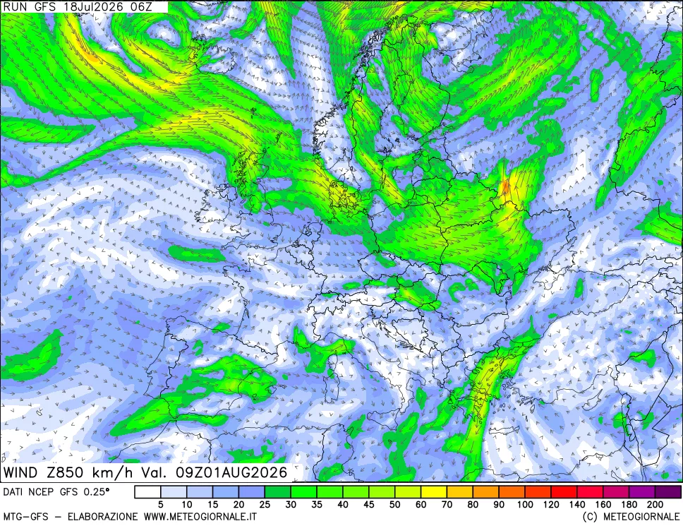 mappa 850 hPa Vento forza e direzione