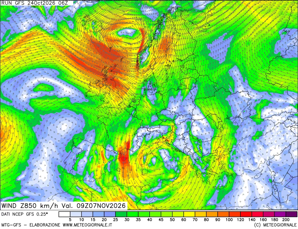 mappa 850 hPa Vento forza e direzione