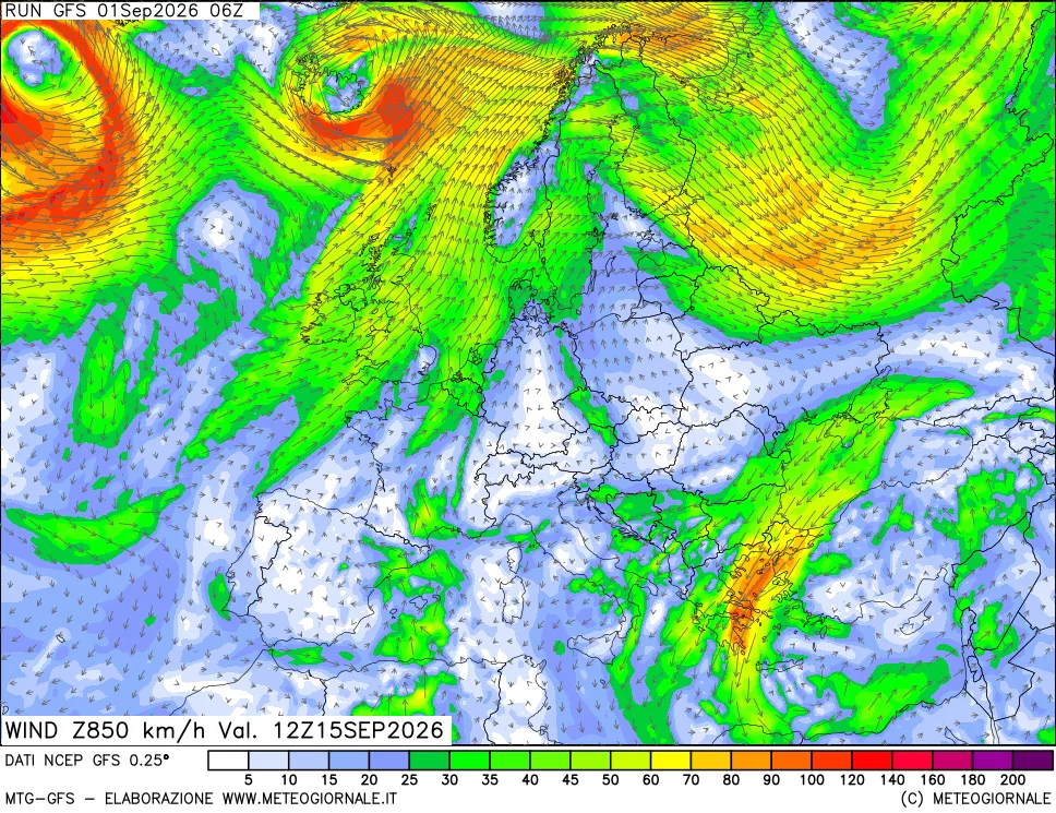 mappa 850 hPa Vento forza e direzione