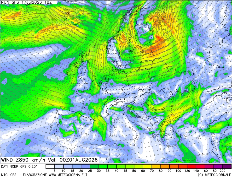 mappa 850 hPa Vento forza e direzione